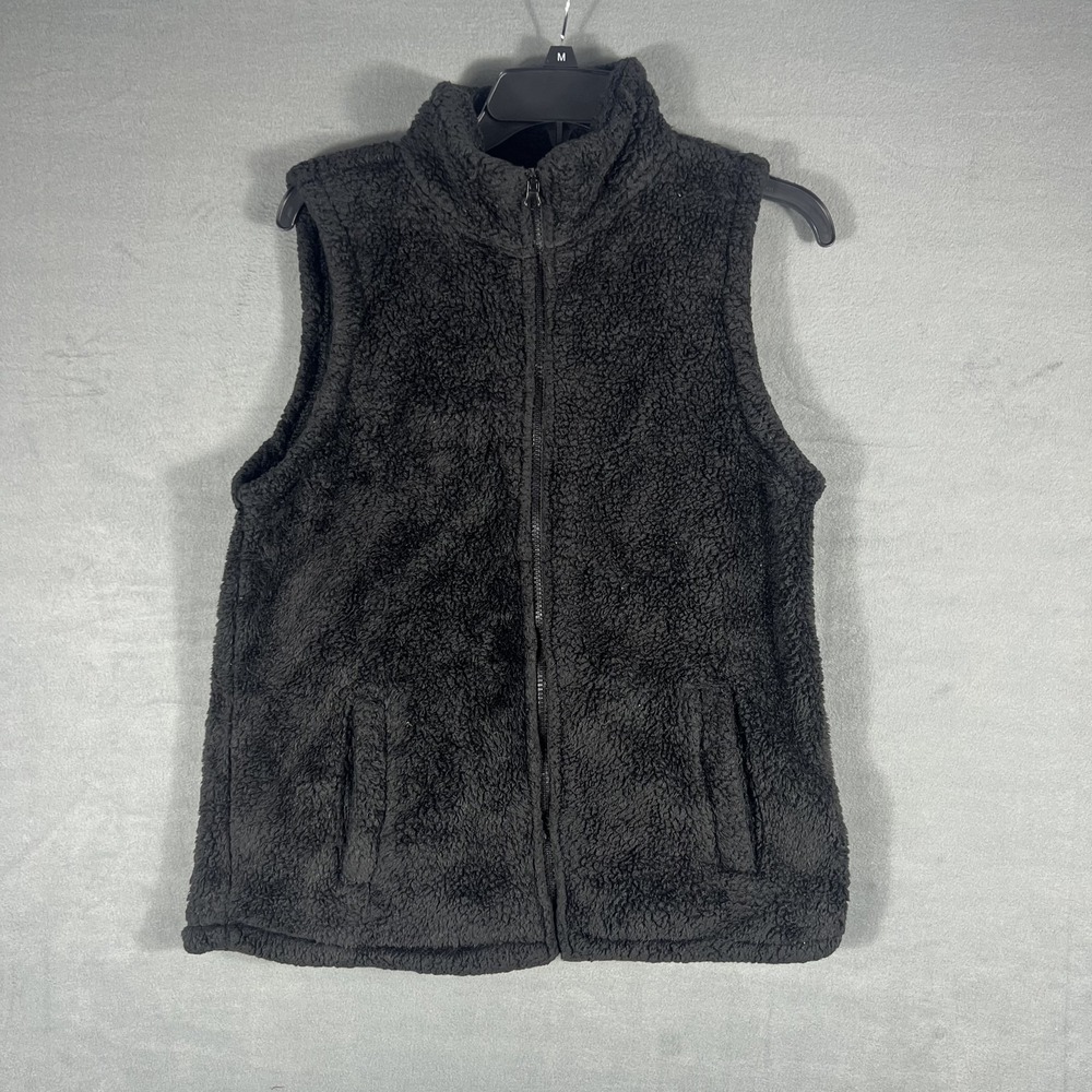 dip Women's Black Full‎ Zip Fuzzy Fleece Vest Size M Medium Pockets Collared